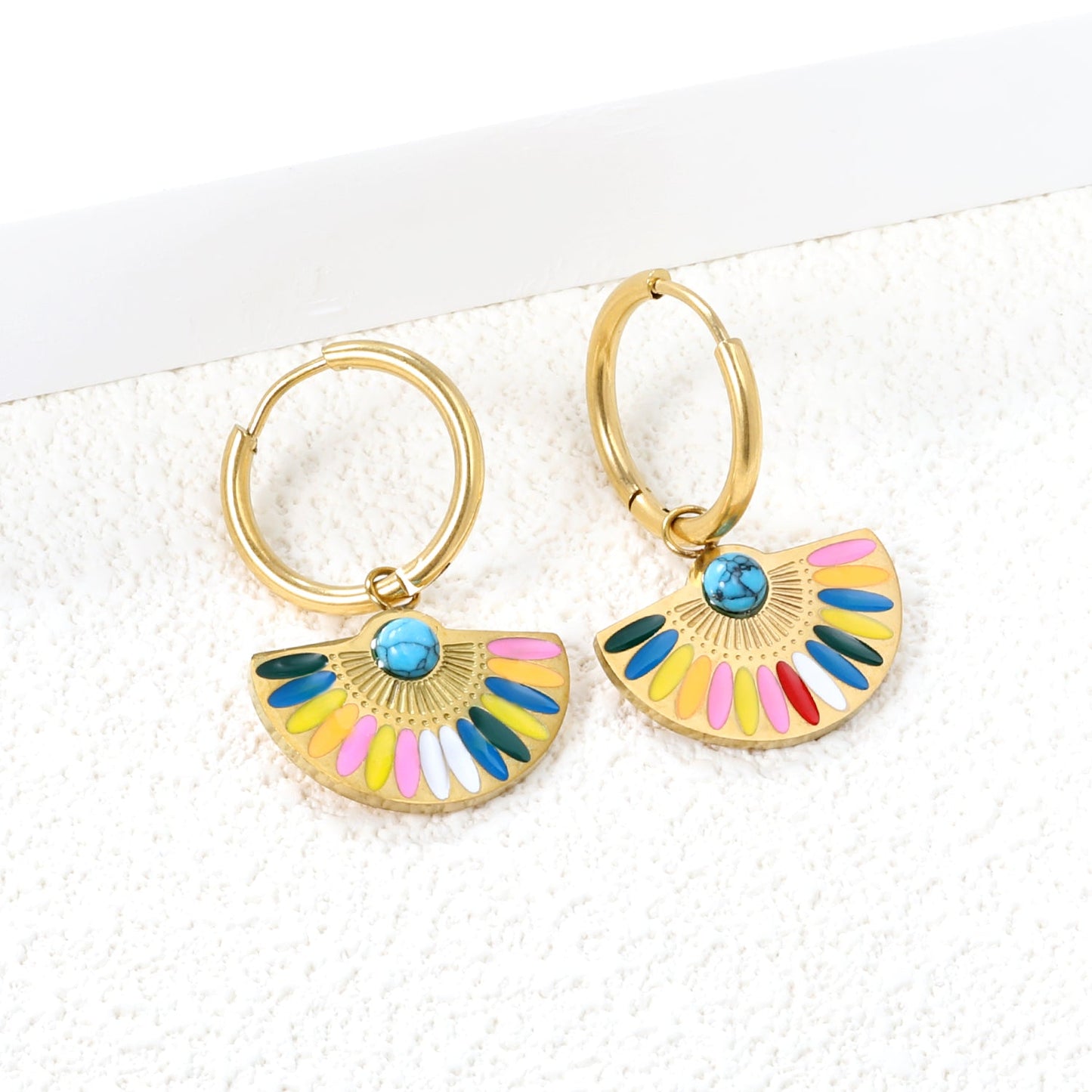 2*18.5mm Circle+Scalloped with Colorful Oil Drops+Semi-circle Blue Turquoise Earrings 21.3*14.6mm asonjewelry