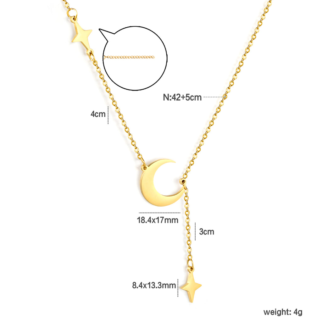 18.4*17mm moon+8.4*13.3mm star accessories 4cm tassel 42+5cm necklace steel/golden