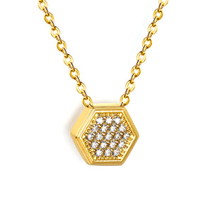 7.8 x 8.6mm raised-edge hexagonal CNC white zirconia pendant 0.3mm cross chain 40+5cm + 6mm round pendant necklace Steel/Gold