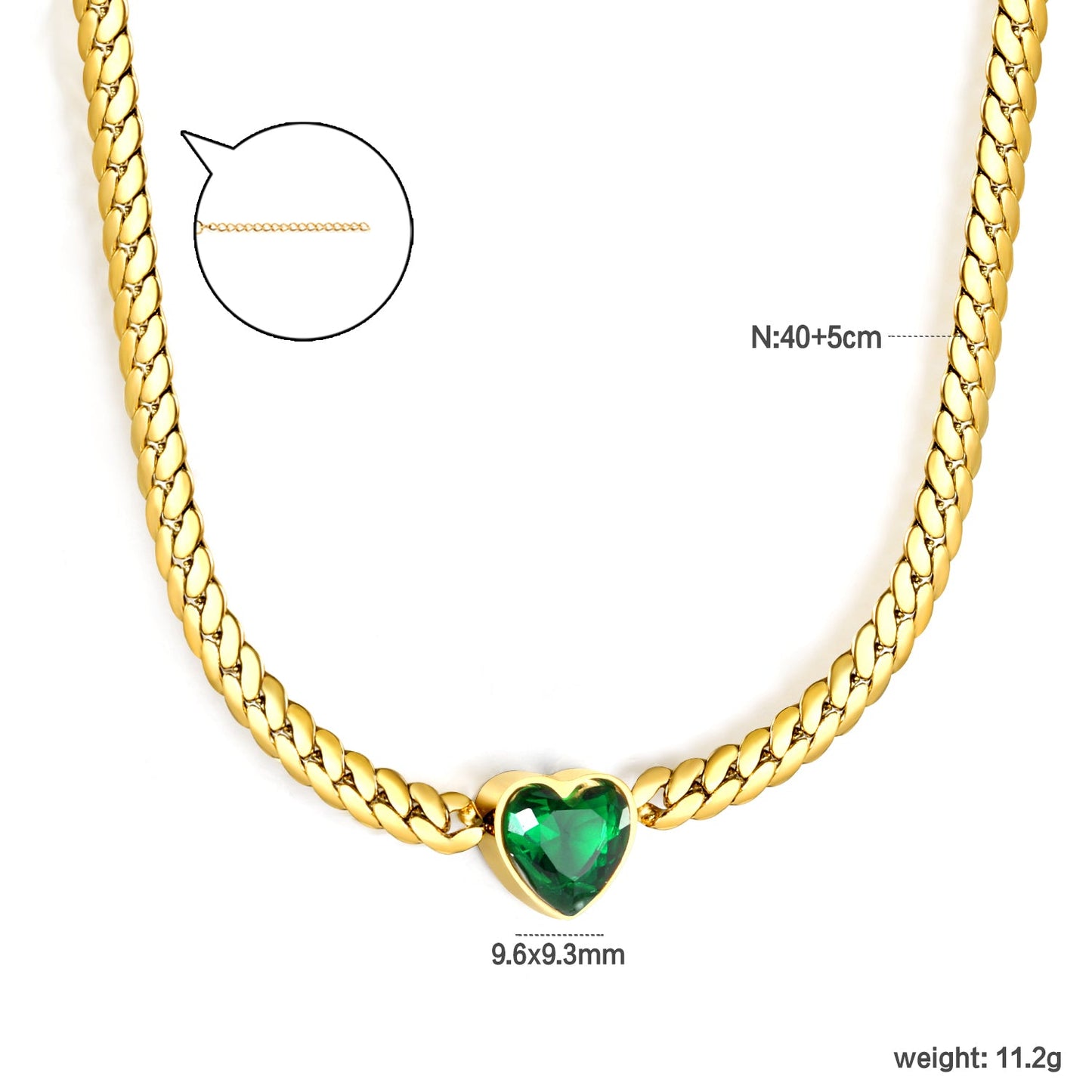 12.2mm White/Green Diamond Heart Pendant 4mm Golden Dragon Necklace 40+5cm+3*10mm Square Tail Plate/Cone Tail Plate Necklace Golden asonjewelry