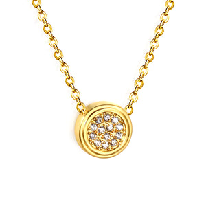 8.5mm beveled round CNC white zirconia pendant 0.3 cross chain 40+5cm+6mm round pendant necklace steel color/gold color