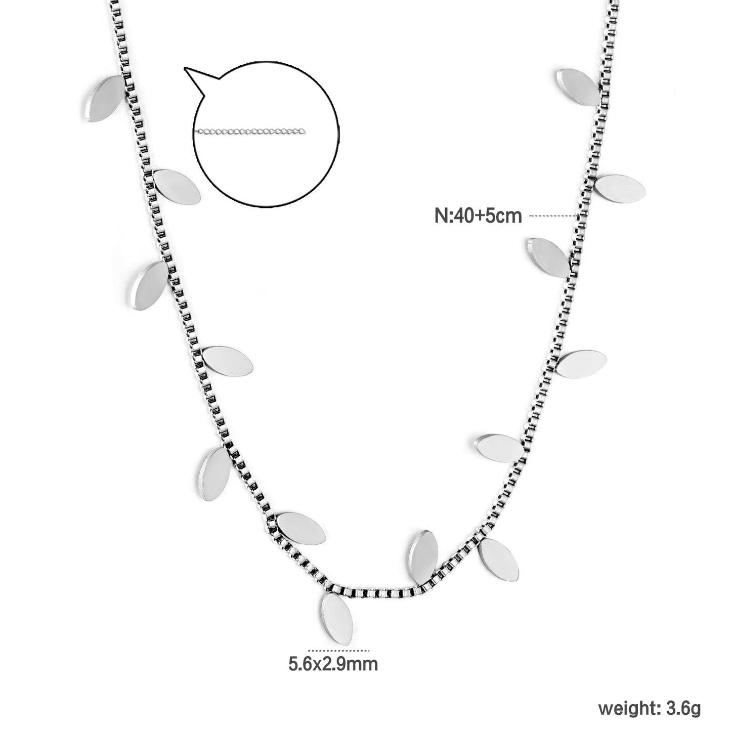 5.6*2.9mm Vine Shape 1.0 Box Chain 40+5cm+6mm Round Tail Plaque Necklace Steel/Golden asonjewelry