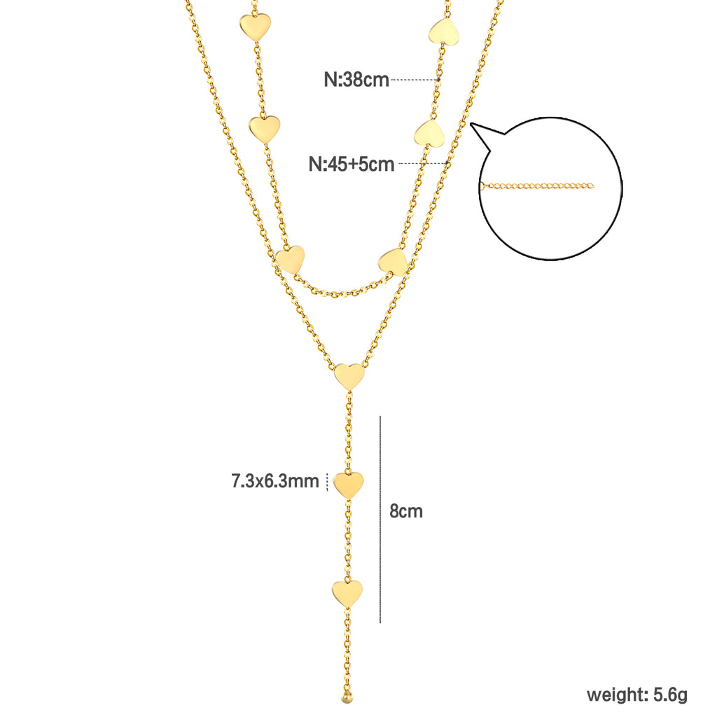 7.3*6.3mm Heart 8cm Tassel Accessories 38+45+5cm+6mm Round Tail Plaque Double Chain Necklace Gold