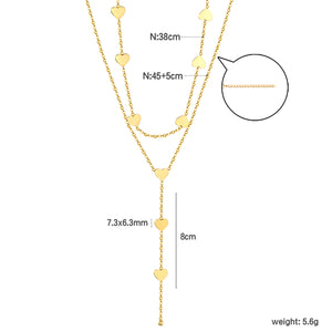 7.3*6.3mm Heart 8cm Tassel Accessories 38+45+5cm+6mm Round Tail Plaque Double Chain Necklace Gold