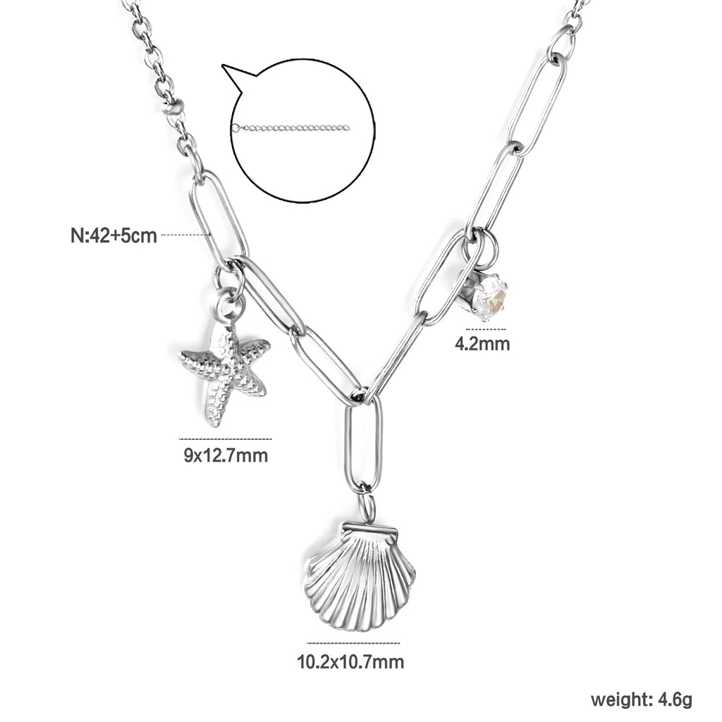 10.2*10.7mm shell+9*12.7mm starfish+4.2mm cylindrical white diamonds 42+5cm+10*3cm necklace steel/golden