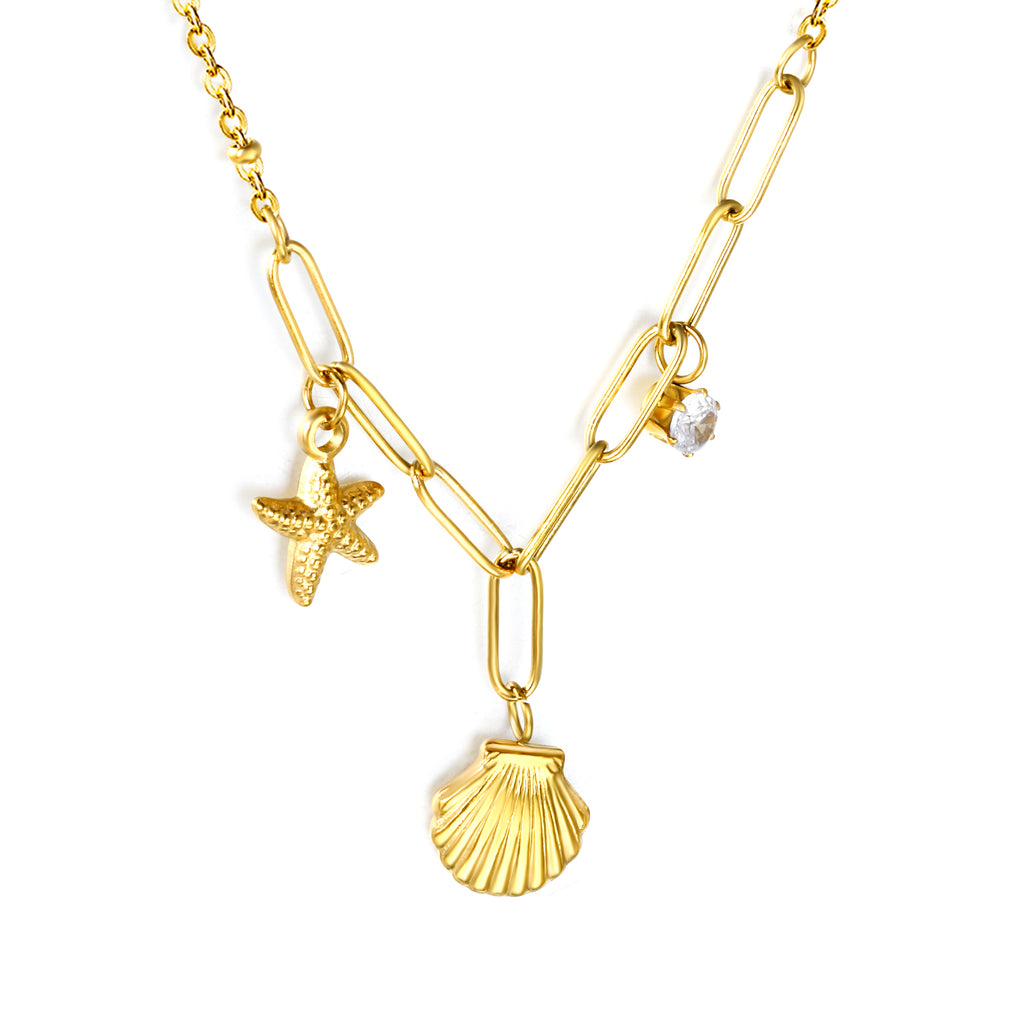 10.2*10.7mm shell+9*12.7mm starfish+4.2mm cylindrical white diamonds 42+5cm+10*3cm necklace steel/golden