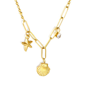 10.2*10.7mm shell+9*12.7mm starfish+4.2mm cylindrical white diamonds 42+5cm+10*3cm necklace steel/golden