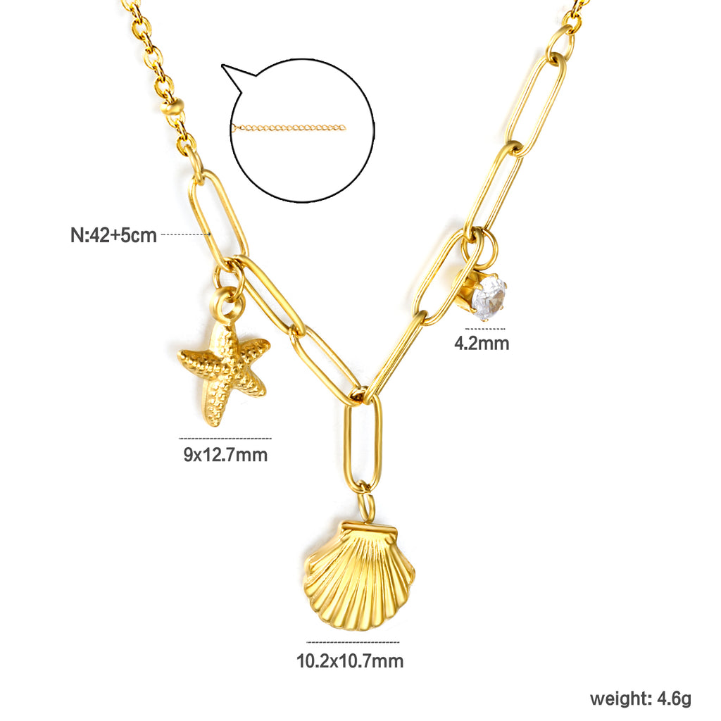 10.2*10.7mm shell+9*12.7mm starfish+4.2mm cylindrical white diamonds 42+5cm+10*3cm necklace steel/golden