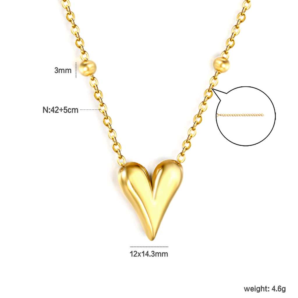 12*14.3mm Heart Pendant 42+5cm+11.2*3.7mm Square Tail Plaque Necklace Steel/Golden