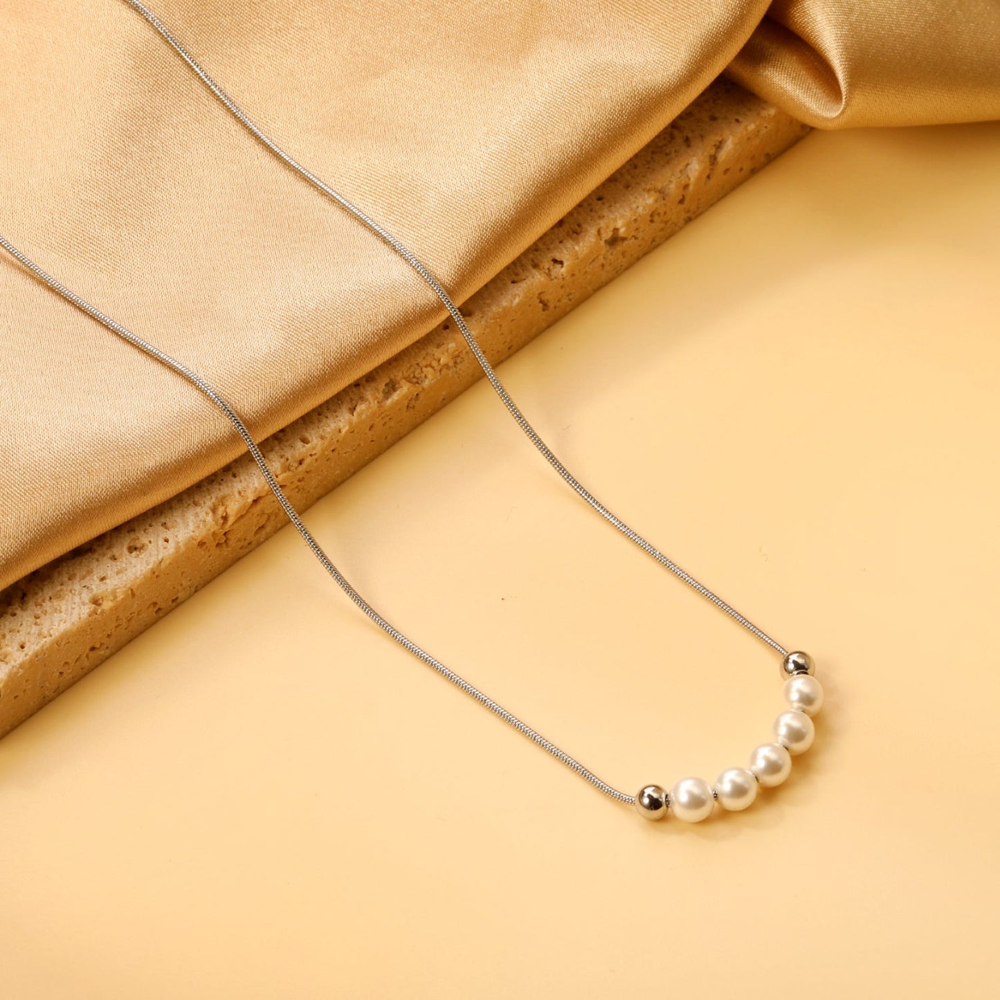 5 white pearls 4.9mm + 2 steel beads 3.9mm necklace 44+5cm asonjewelry