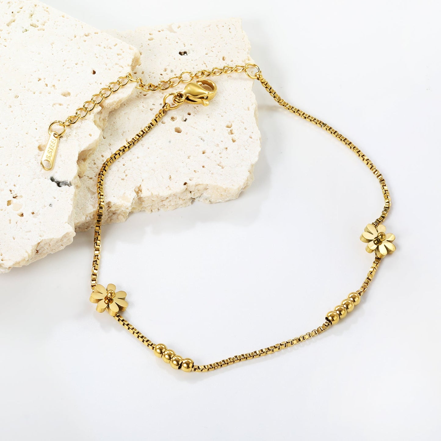 3mm*8 steel beads+7.8mm*2 seven petal flowers anklet 1.2mm*20+5cm asonjewelry