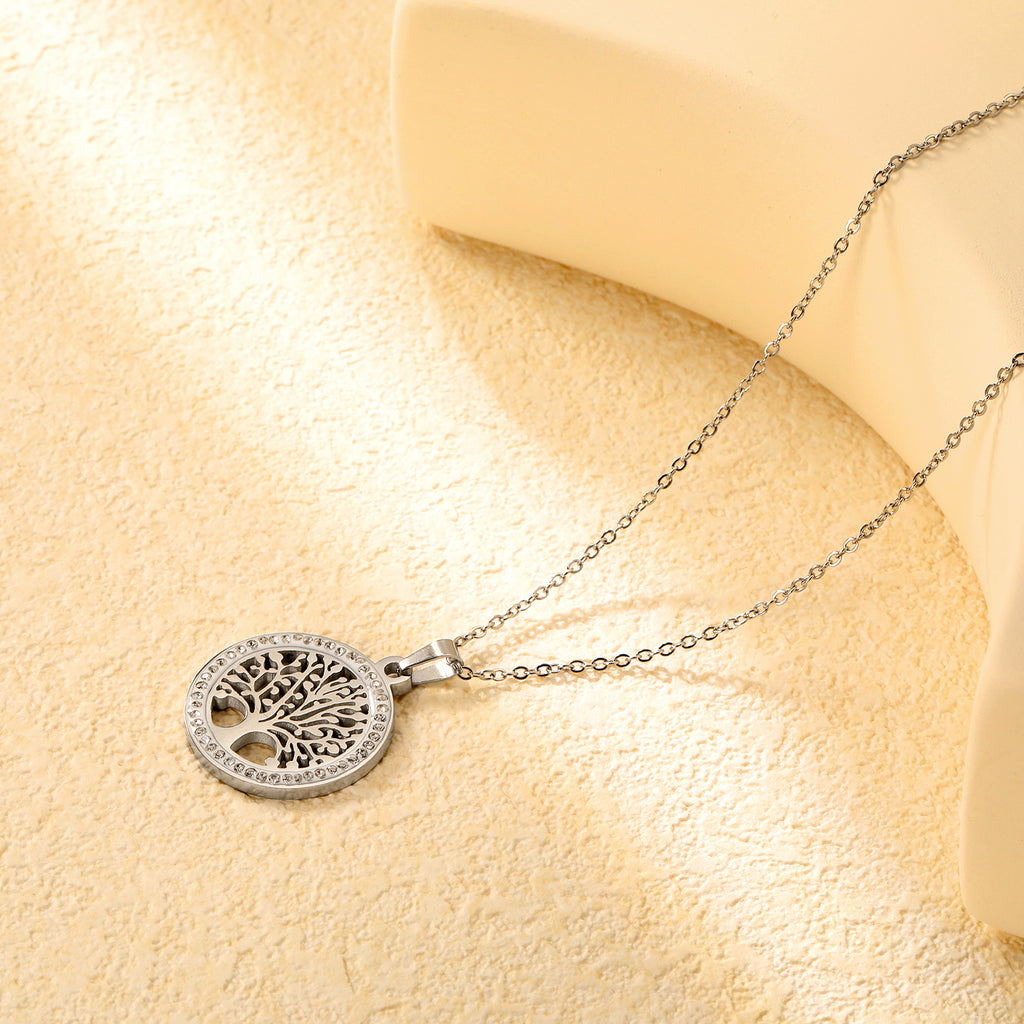 21.9mm Round Hollowed Out Tree of Life with White Diamonds Pendant 40+5cm Necklace Steel/Golden