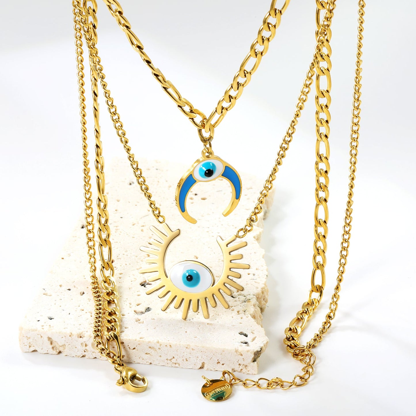 26.5mm Open Sun with White Eyes Accessory + 16mm Inverted C with Blue Drip Oil + White Eyes Accessory Double Chain Necklace 45+40+5cm asonjewelry