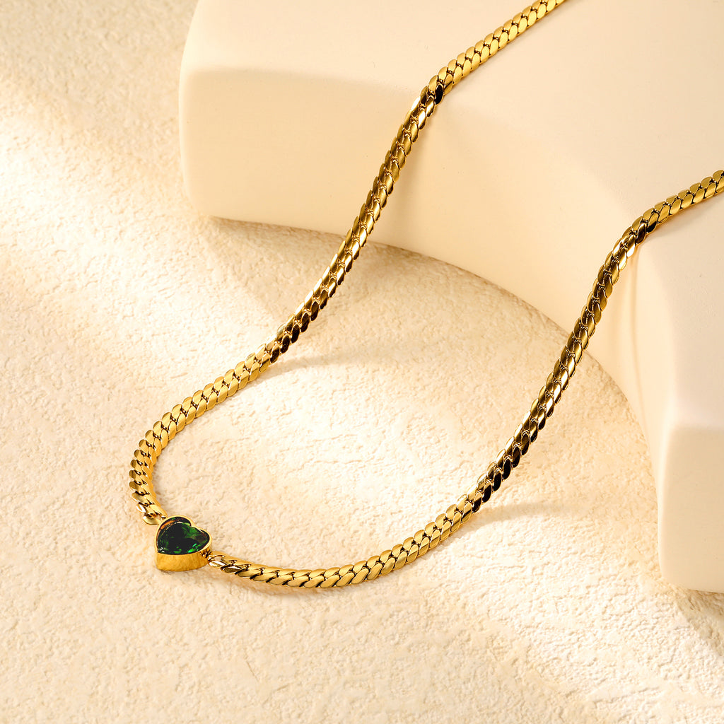 12.2mm White/Green Diamond Heart Pendant 4mm Golden Dragon Necklace 40+5cm+3*10mm Square Tail Plate/Cone Tail Plate Necklace Golden