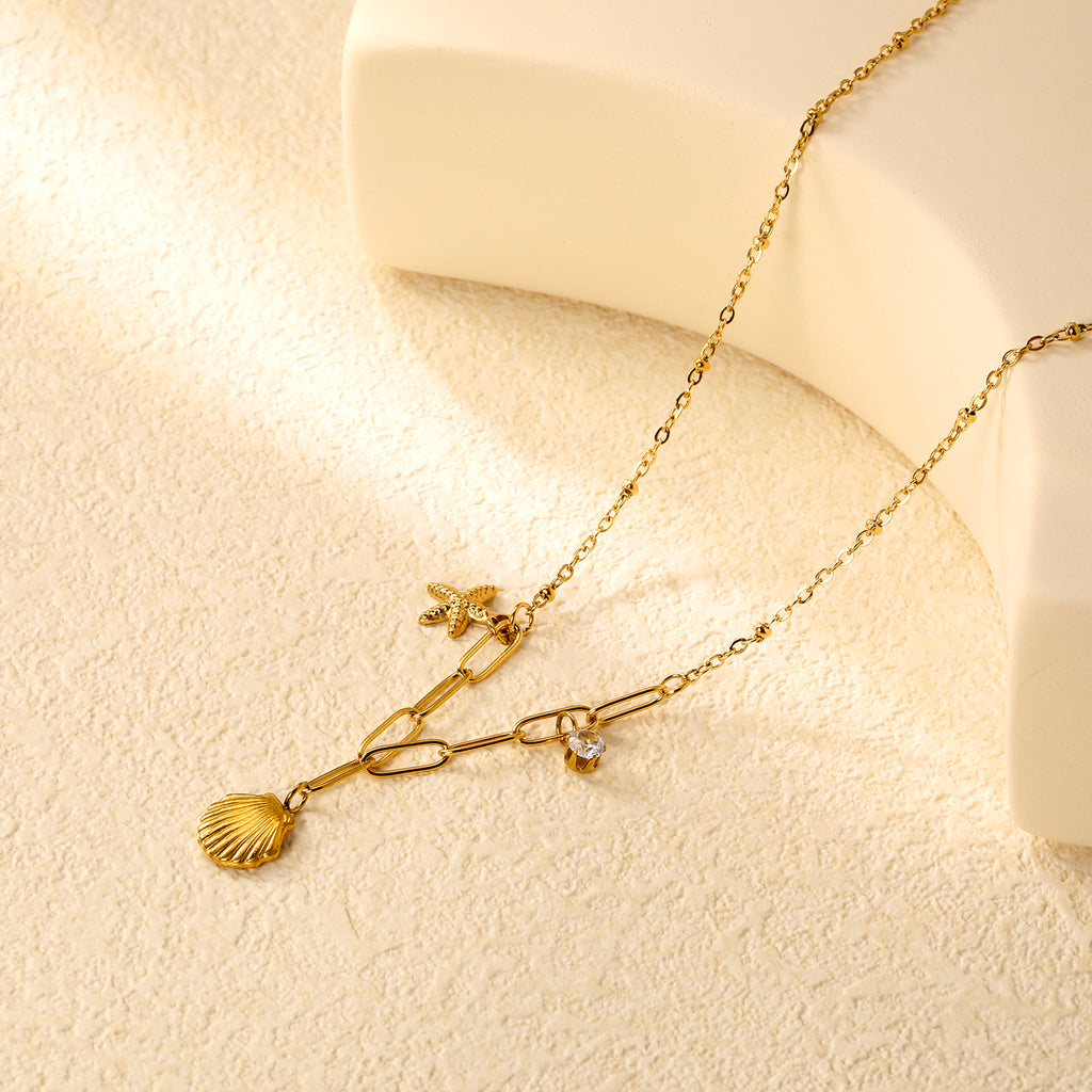 10.2*10.7mm shell+9*12.7mm starfish+4.2mm cylindrical white diamonds 42+5cm+10*3cm necklace steel/golden