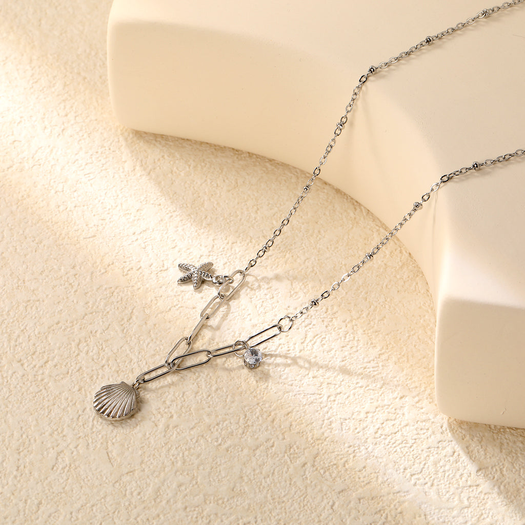 10.2*10.7mm shell+9*12.7mm starfish+4.2mm cylindrical white diamonds 42+5cm+10*3cm necklace steel/golden