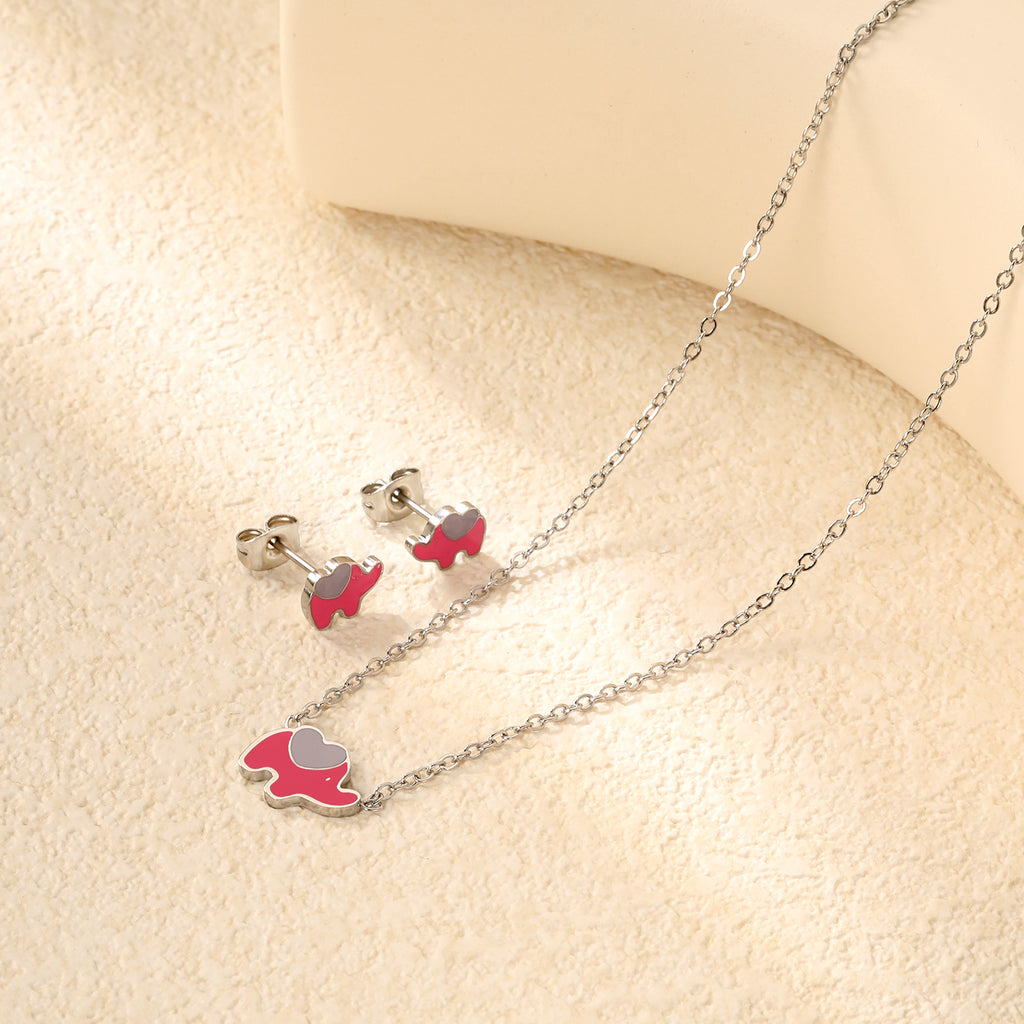 8.6*6.4mm small elephant with pink oil drop earrings +12.2*9mm pendant set cross 0.3mm*45+5cm+6mm round plate steel color / gold color