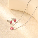 8*8.4mm Crown with Pink Oil Drip Earrings + 11.7*12mm Pendant Necklace Set Cross 0.35 45+5cm+6mm Round Tail Plaque Set Steel Color / Gold