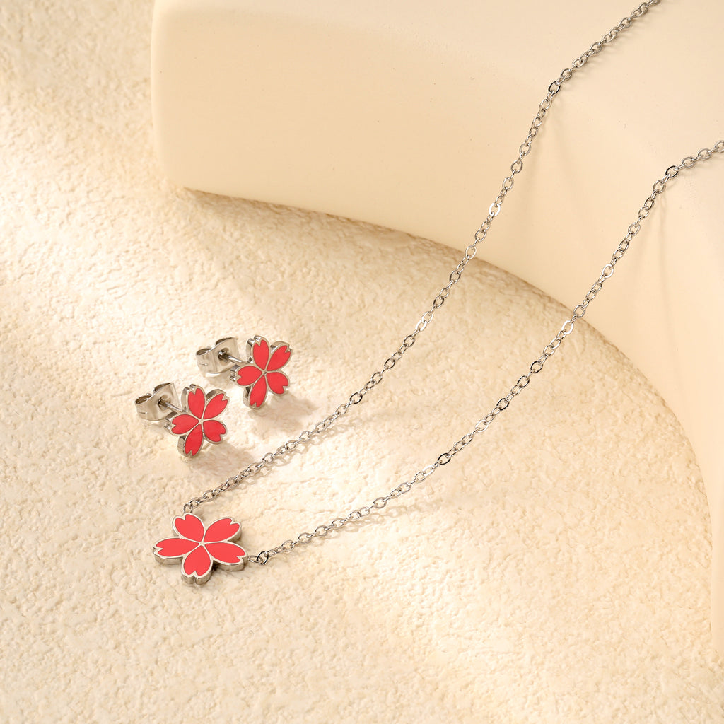 10mm cherry blossom with pink oil drop earrings + 12.5mm pendant set cross 0.3mm*45+5cm+6mm round plate steel color / gold color