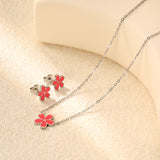 10mm cherry blossom with pink oil drop earrings + 12.5mm pendant set cross 0.3mm*45+5cm+6mm round plate steel color / gold color