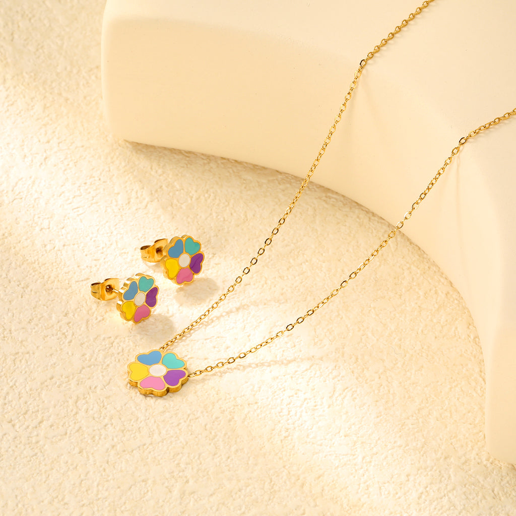 Colorful Flowers Set Steel/Gold Earrings:10.4*10.4mm Pendant:12.2*11.8mm 0.3 Cross Chain 42+5cm+6mm Round Plaque