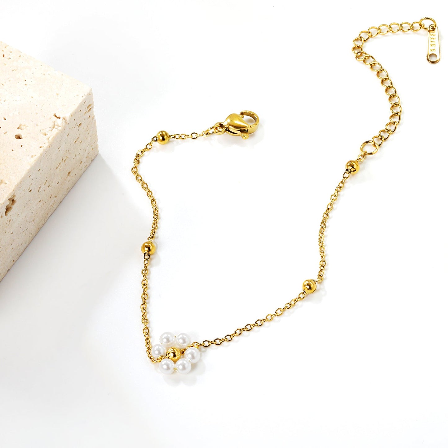 3mm*5 Steel Beads+1 Flower White Pearl Bracelet 16+5cm asonjewelry