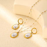 Pearl Necklace Earrings Set Gold Earrings: 16.3*23.6mm Pendant: 16.3*23.6mm 3mm Pearl + 1.9mm Steel Bead Chain 40+5cm+6mm Round Tail Plaque