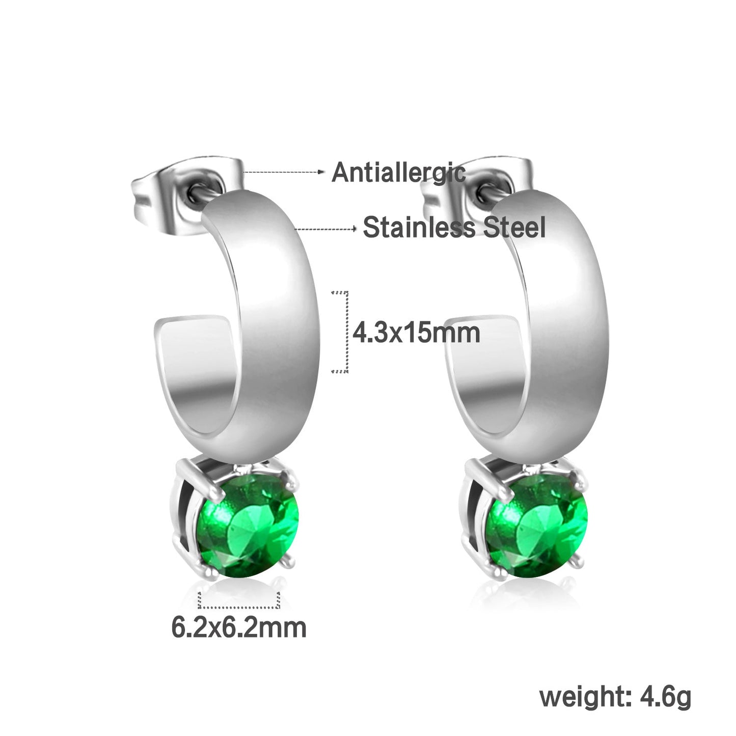 4.3*15mm C-shaped hoop with four scratches round white&black&purple&pink&green diamond stud earrings 6.2mm asonjewelry