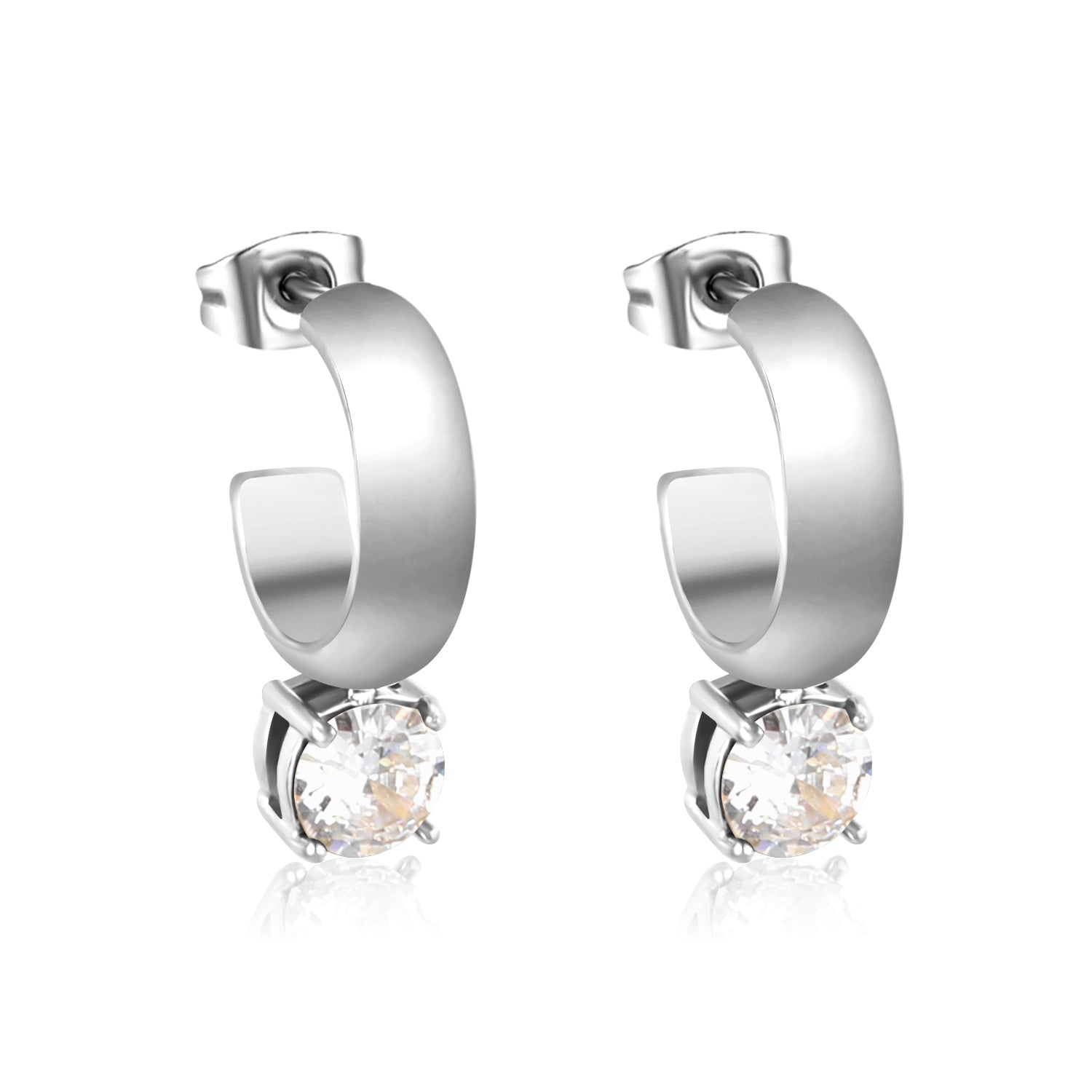 4.3*15mm C-shaped hoop with four scratches round white&black&purple&pink&green diamond stud earrings 6.2mm asonjewelry