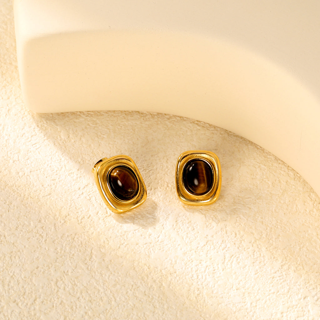 14.4*17.2mm square + oval tiger eye stone stud earrings Gold color