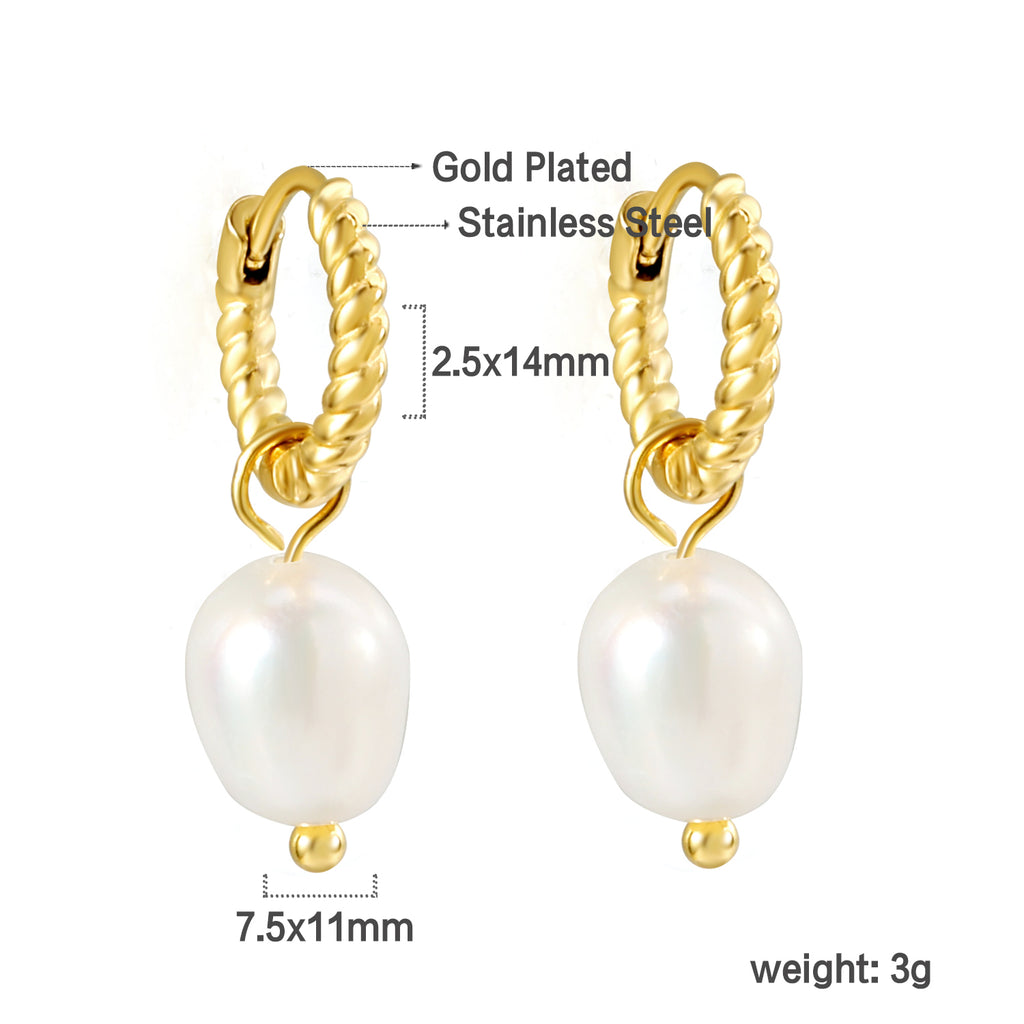 2.5x14mm Twisted Circle with Oval White Pearl Stud Earrings 7.5*11mm Gold Color