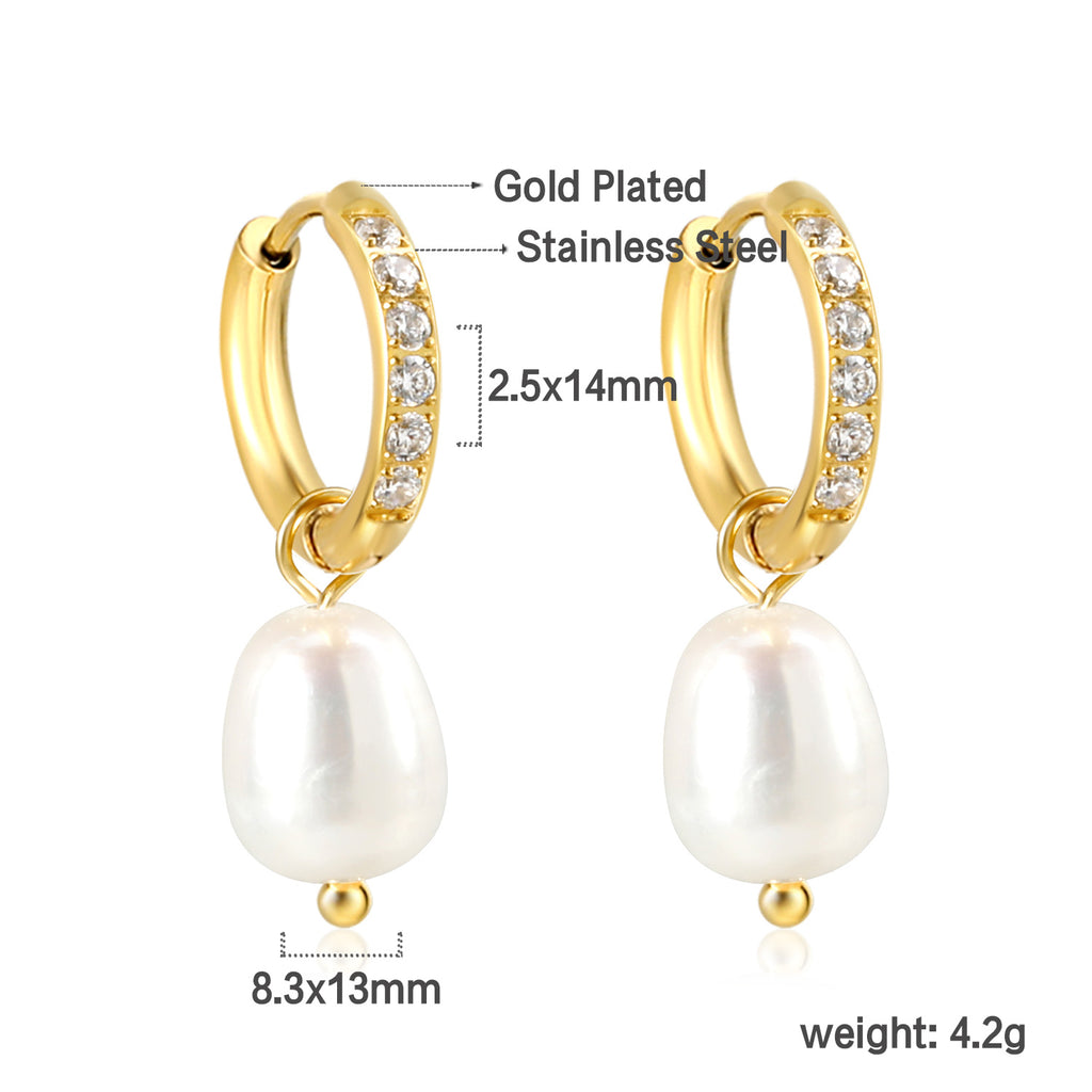 2.5x14mm circle with 6 white diamonds + oval white pearl stud earrings 8.3*13mm gold color