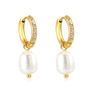 2.5x14mm circle with 6 white diamonds + oval white pearl stud earrings 8.3*13mm gold color