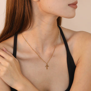 10*15mm Polished Egyptian Cross 0.4mm Side-Pressed Bead Chain 40+5cm+6mm Round Tail Tag Necklace Gold