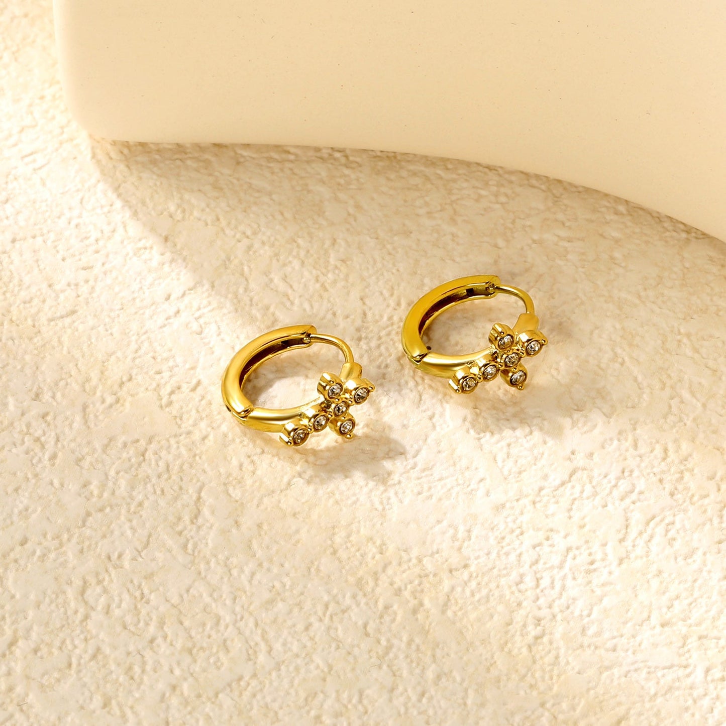 8x10.2mm cross-shaped imitation white Czech diamond earring with a 2.2mm post and a 10mm inner diameter, gold color asonjewelry