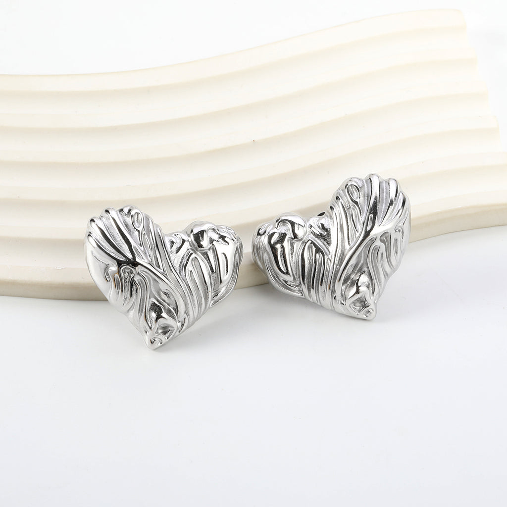 Textured Heart Stud Earrings 35*28mm / 18.4*15.1mm steel color / gold color