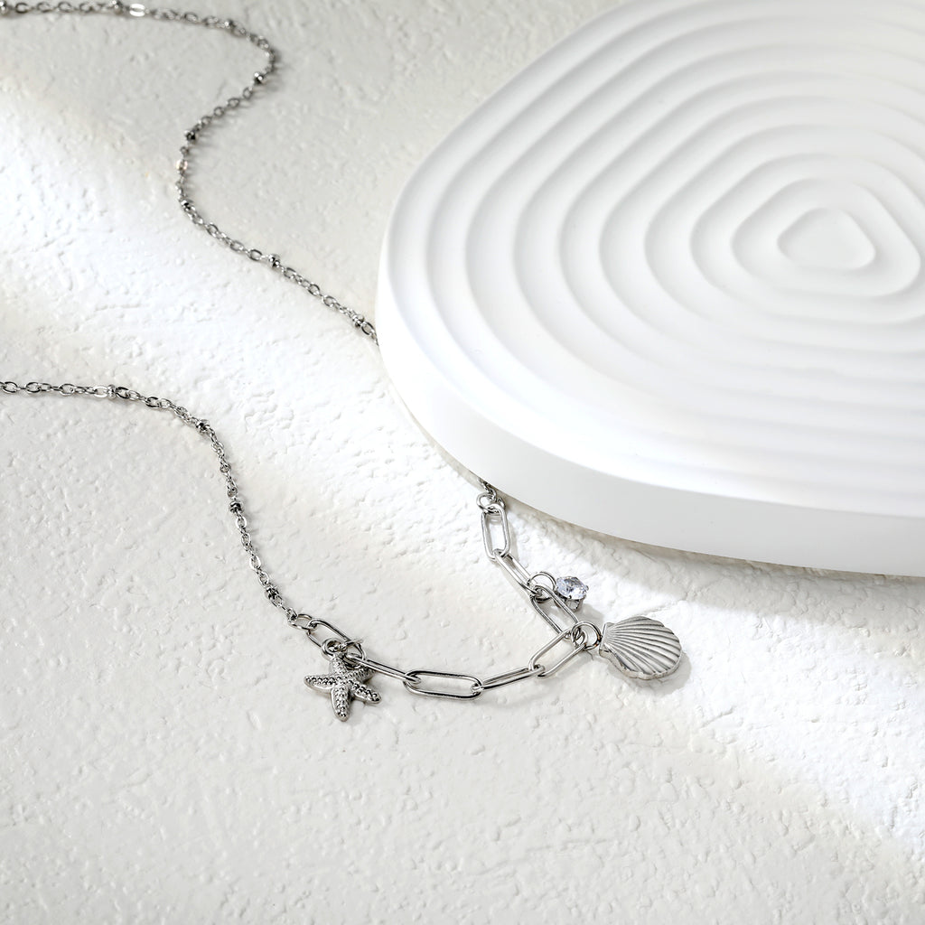 10.2*10.7mm shell+9*12.7mm starfish+4.2mm cylindrical white diamonds 42+5cm+10*3cm necklace steel/golden