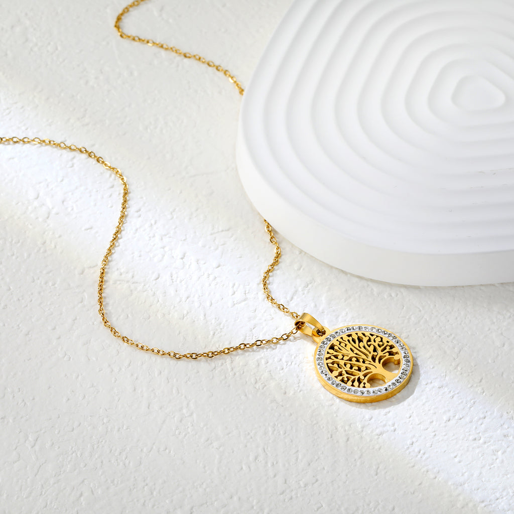 21.9mm Round Hollowed Out Tree of Life with White Diamonds Pendant 40+5cm Necklace Steel/Golden