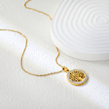 21.9mm Round Hollowed Out Tree of Life with White Diamonds Pendant 40+5cm Necklace Steel/Golden