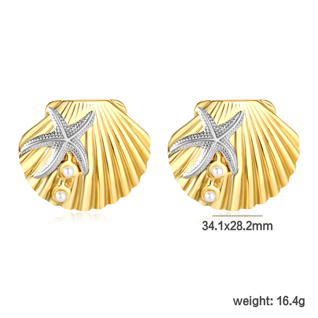 34.1mm*28.2mm Pearl Sea Star Shell Stud Earrings, Two-Tone Gold