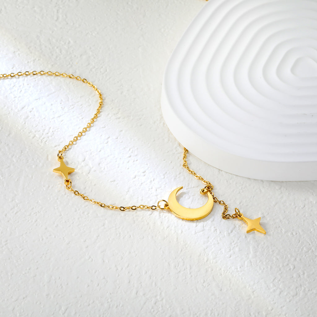 18.4*17mm moon+8.4*13.3mm star accessories 4cm tassel 42+5cm necklace steel/golden