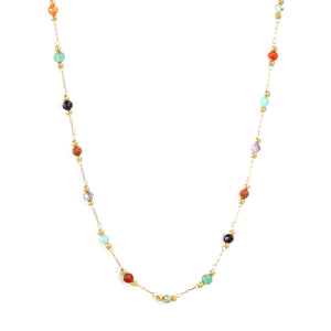 2mm Small Steel Bead + 3.2mm Colored Stone Square End Cap Necklace, Gold