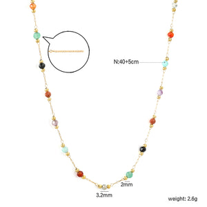 2mm Small Steel Bead + 3.2mm Colored Stone Square End Cap Necklace, Gold