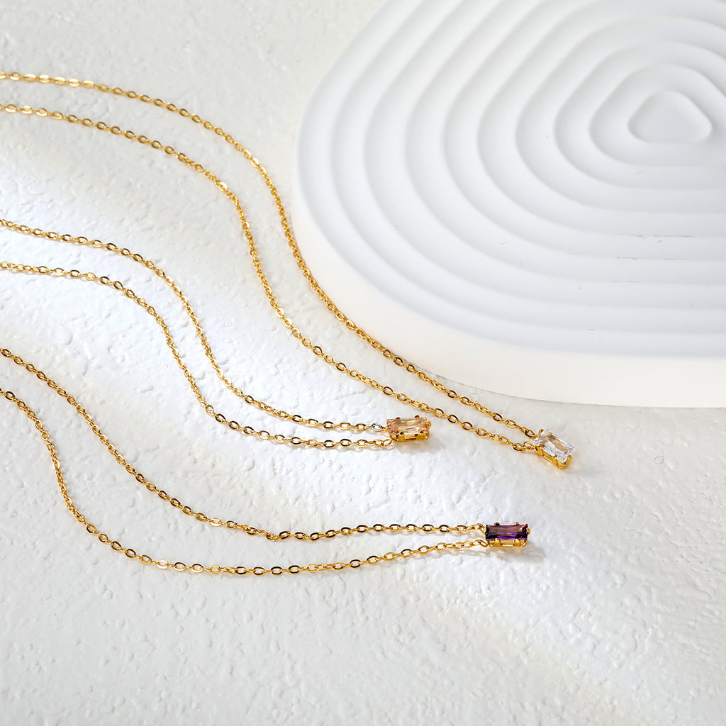 4.5*7.4mm Square White/Purple/Champagne Zircon Pendant 0.3 Cross Chain 40+5cm+6mm Round Tail Plaque Necklace GOLDEN