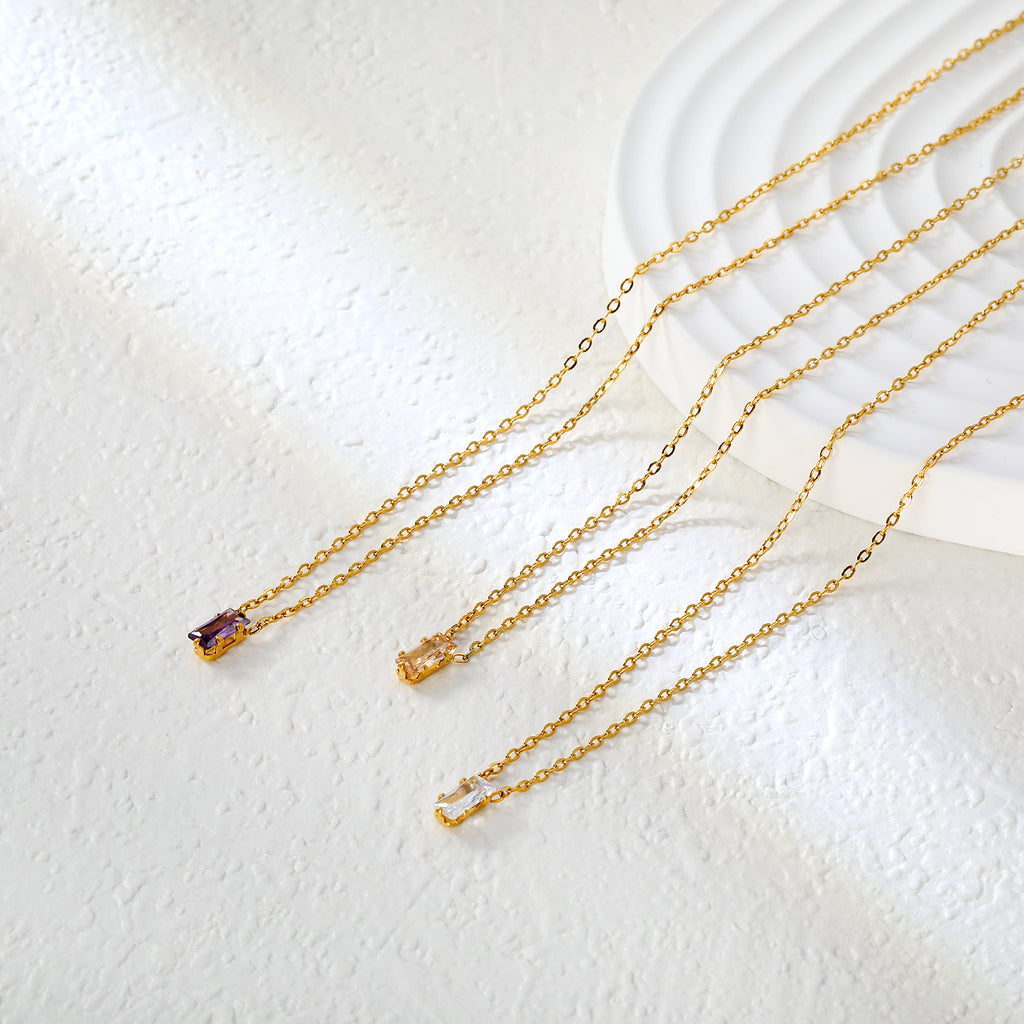 4.5*7.4mm Square White/Purple/Champagne Zircon Pendant 0.3 Cross Chain 40+5cm+6mm Round Tail Plaque Necklace GOLDEN