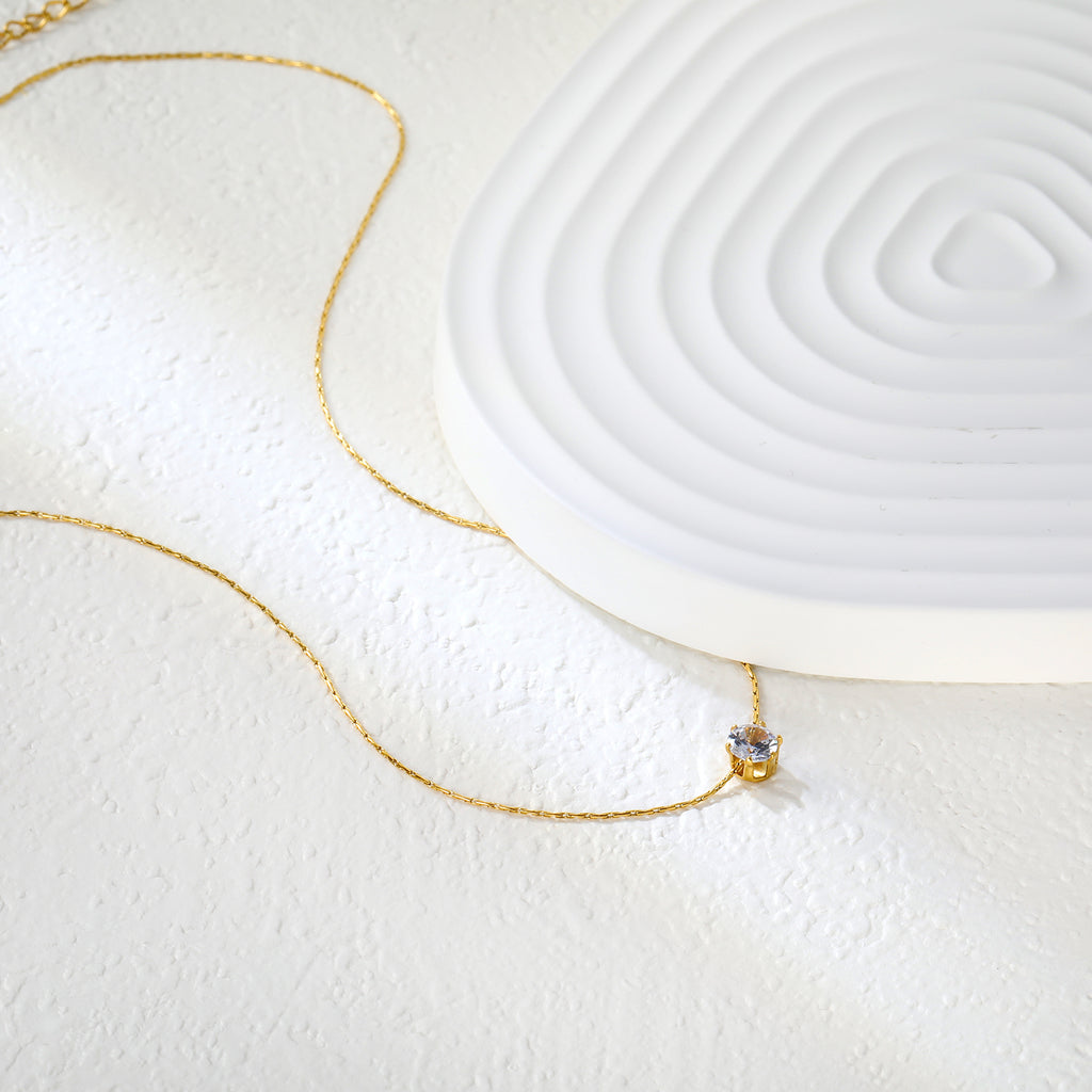 5mm Six Claws Round White Diamond Pendant 40+5cm+6mm Round Tail Plaque Necklace Steel/Golden