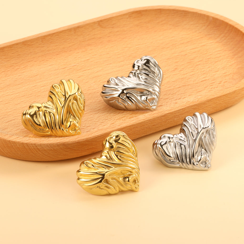 Textured Heart Stud Earrings 35*28mm / 18.4*15.1mm steel color / gold color