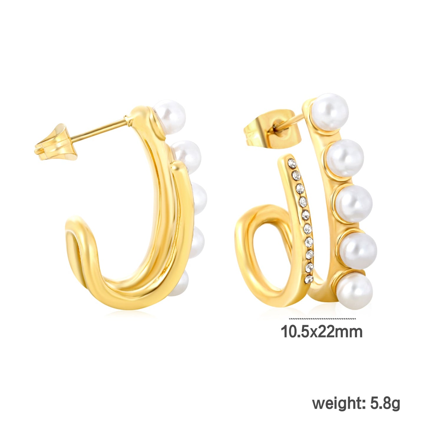 10.5*22mm French Openwork White Imitation Pearl + White Diamond Stud Earrings, Gold asonjewelry
