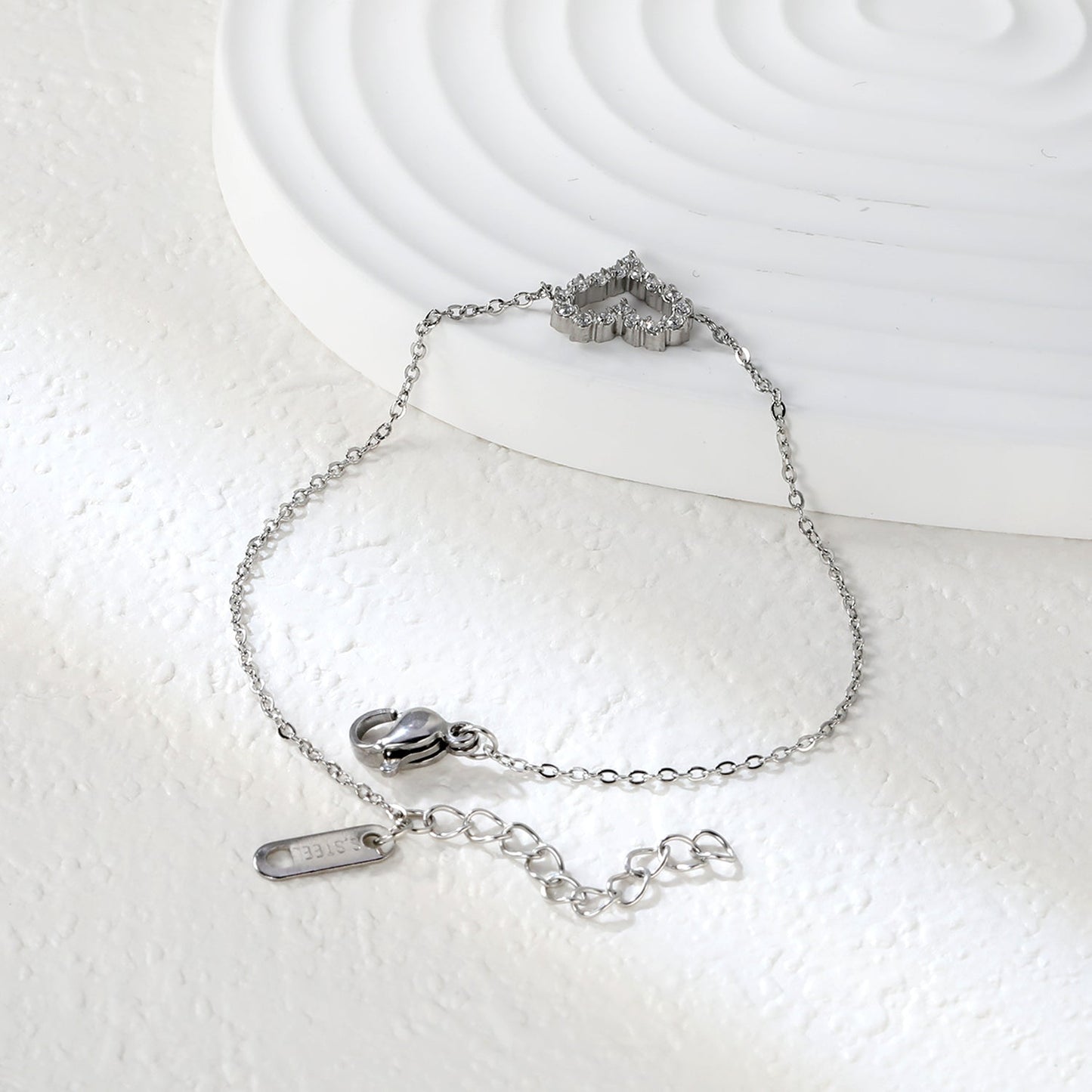 11.2*10mm Skeletonized Heart CNC White Zirconia Circle Accessories Bracelet 17+3cm+6mm Round Tail Plate Steel Color / Gold asonjewelry