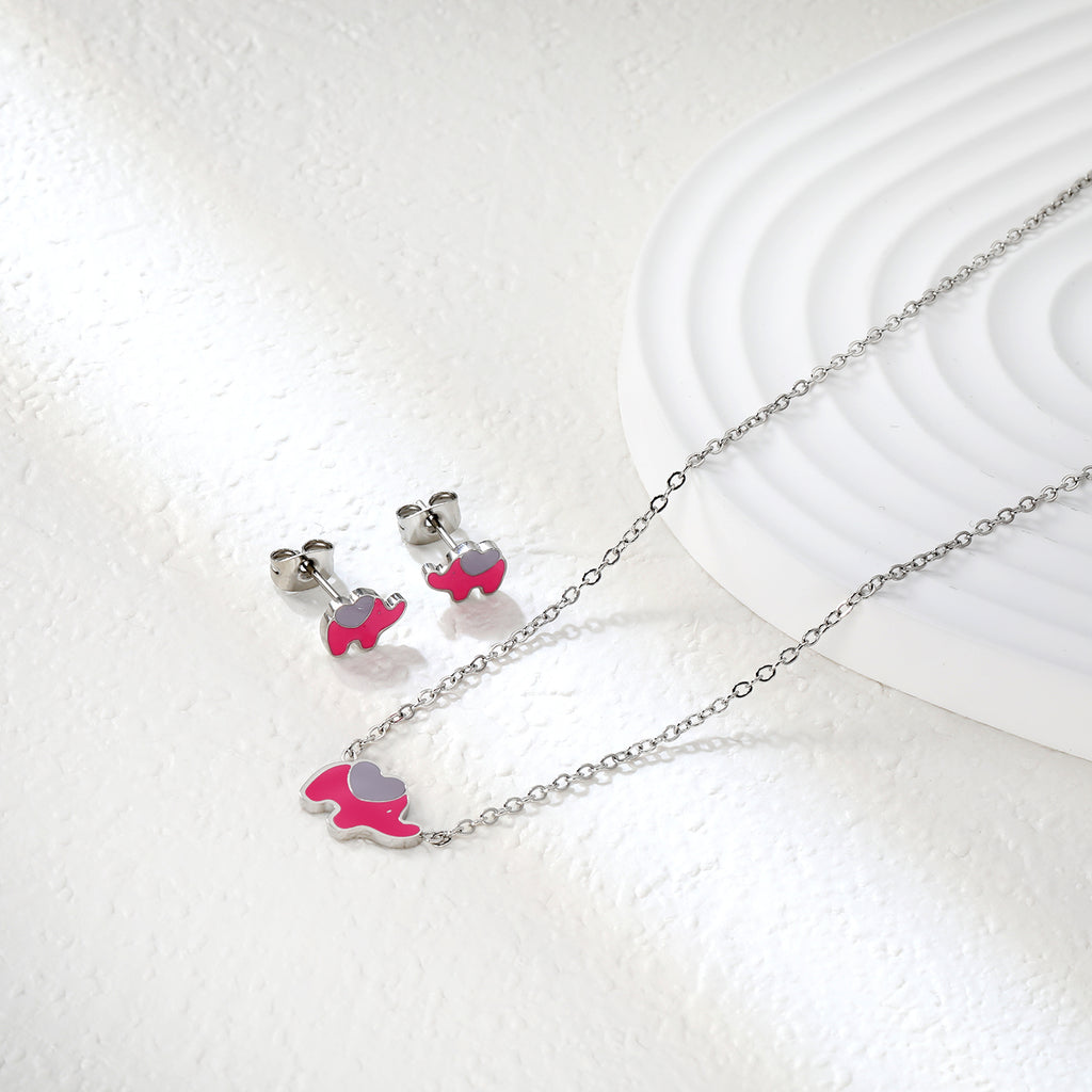 8.6*6.4mm small elephant with pink oil drop earrings +12.2*9mm pendant set cross 0.3mm*45+5cm+6mm round plate steel color / gold color